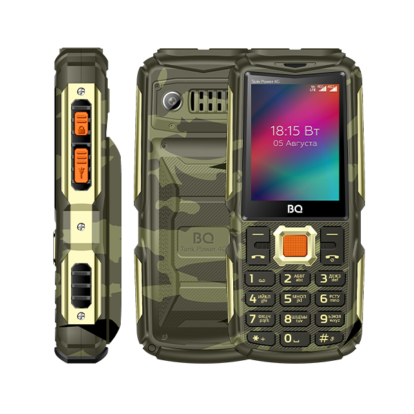 Мобильный телефон BQ Tank Power 4G (BQ 2410L1) золотой камуфляж; 2.4"; TFT; 240x320; 0.3 Мп; 48 Мб/256 Мб; 4 000 мА/ч