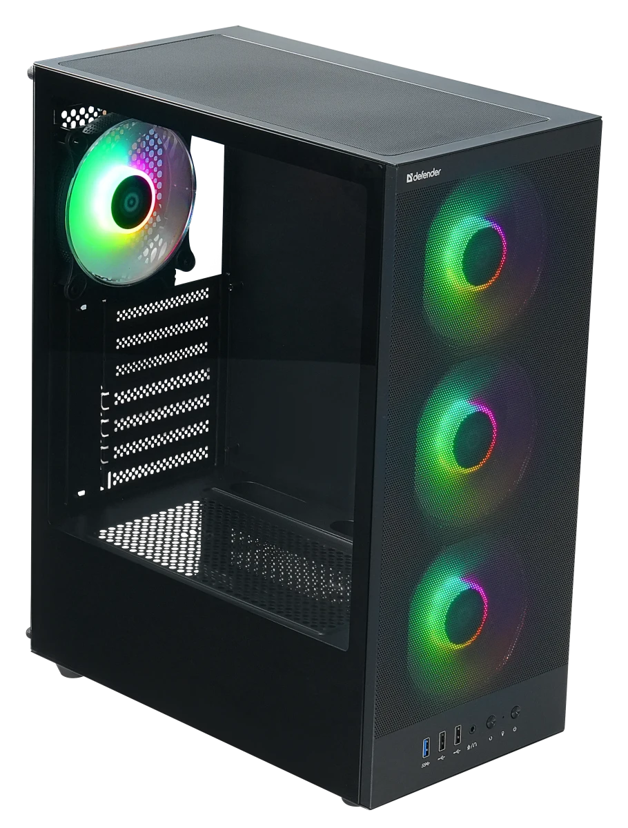 Корпус Defender RaptorX ARGB Black (25122); ATX; Mid-Tower; без БП; ARGB; 4x120 мм; 2xUSB 2.0, 1xUSB 3.X,1x jack 3.5 mm Mic/Aud; чёрный