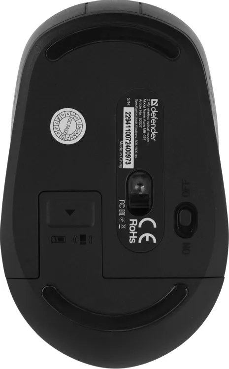 Мышь беспроводная Defender AURIS MB-027 (52027***); USB; оптический; 800/1200/1600 dpi; 4 кнопки; колесо прокрутки; 1хАА; чёрный