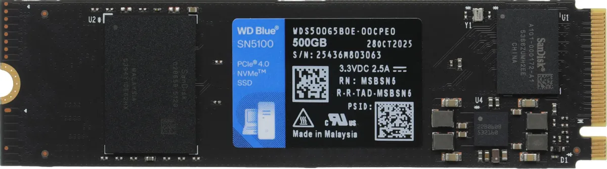 Накопитель SSD 500 ГБ Western Digital Blue SN5100 (WDS500G5B0E); M.2 (2280); 6600Мб/с -  5600Mб/с; PCI-E Gen4 x4; RET