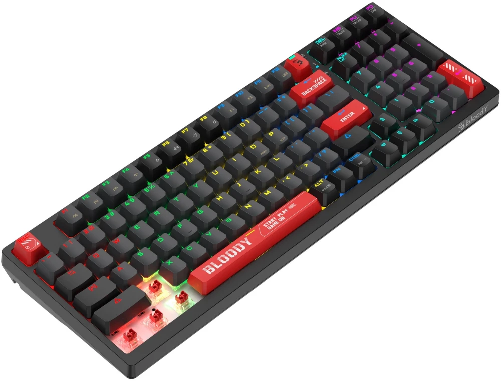 Клавиатура игровая A4Tech Bloody WS98 Black/Red (Sports Red); USB + (BT/2.4 Ггц); механическая; 98 клавиш; 12 (+FN) подсветка RGB; ENG\RUS