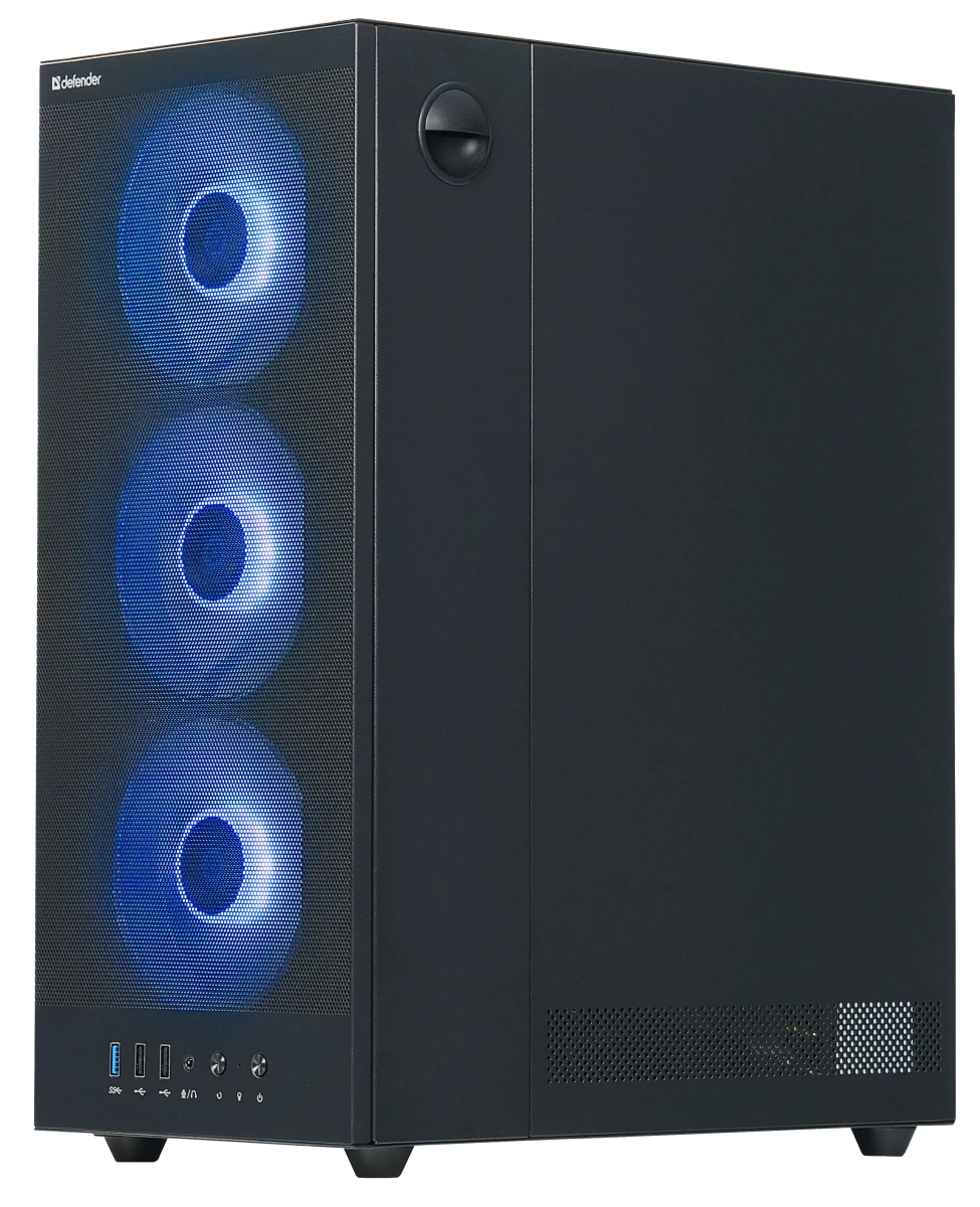 Корпус Defender RaptorX ARGB Black (25122); ATX; Mid-Tower; без БП; ARGB; 4x120 мм; 2xUSB 2.0, 1xUSB 3.X,1x jack 3.5 mm Mic/Aud; чёрный