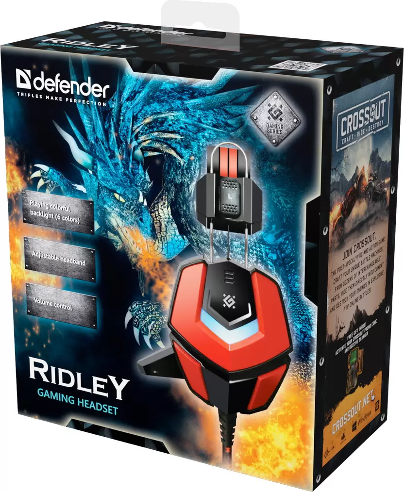 Гарнитура игровая Defender Ridley (64542***); оголовье (headband); 20 - 20 000 Гц; 32 Ом; 2,2 м; микрофон; регулятор громкости; 2 x 3,5 мм (mini-jack)