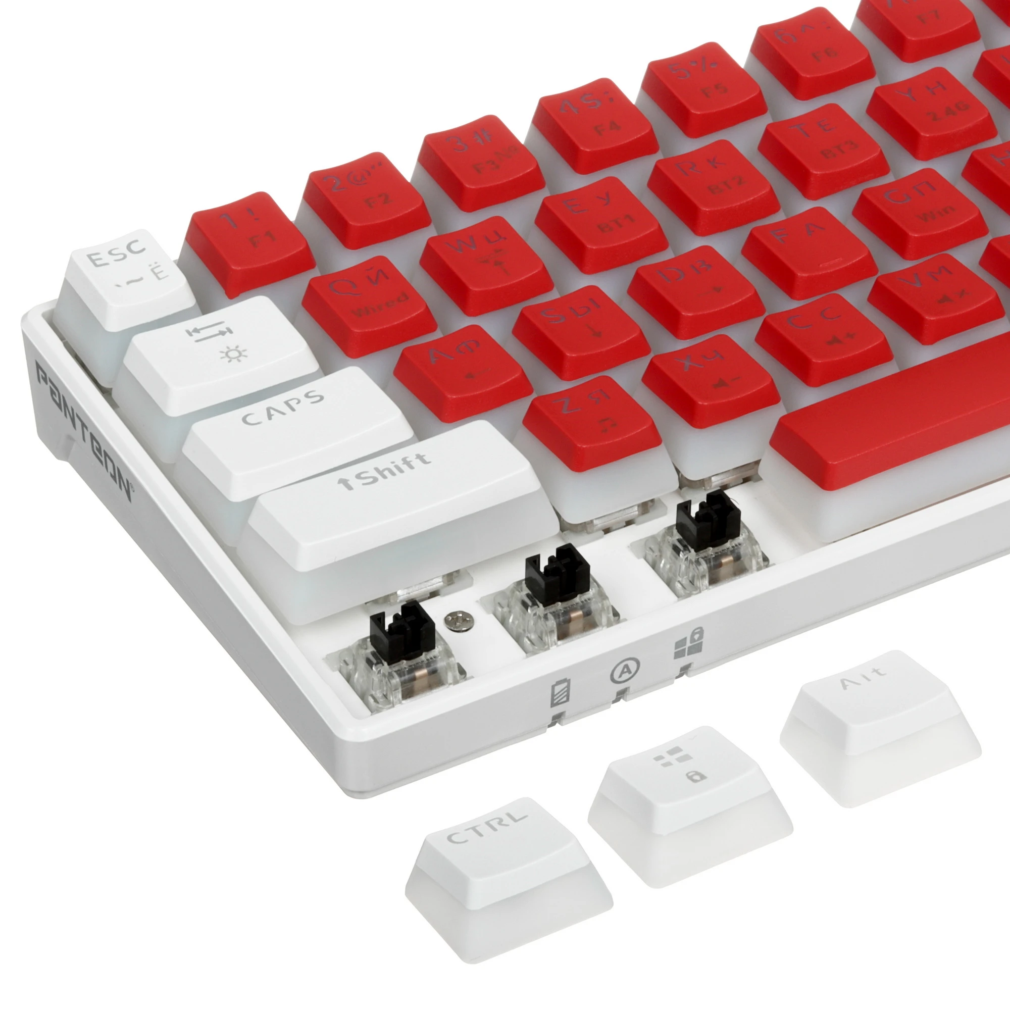 Клавиатура игровая Jet.A PANTEON T2 PRO BS Red-White (77); USB + (Bluetooth/2.4 Ггц); механическая; 61 клавиш; 12 (+FN); RGB; встроенный аккумулятор;