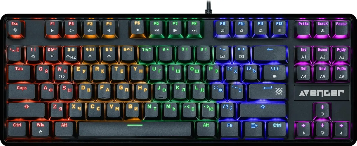 Клавиатура игровая Defender AVENGER GK-412 (45410***); USB; механическая; 87 клавиш; 12 (+FN); подсветка LED; ENG\RUS; чёрный