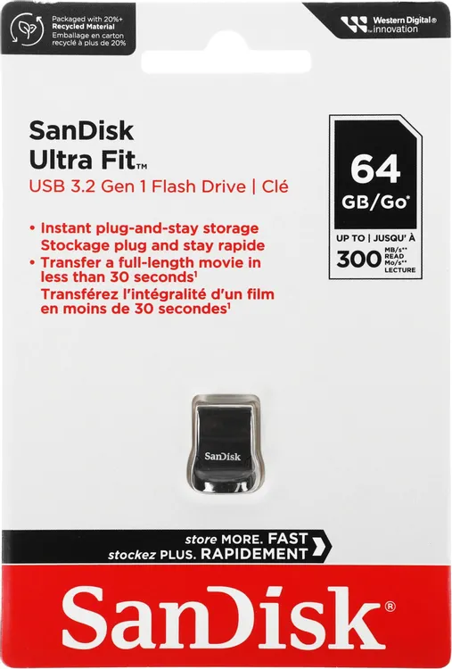 Накопитель USB-флэш 64 ГБ Sandisk Ultra Fit (SDCZ430-064G-G46); USB 3.2 Gen 1; моноблок; чёрный