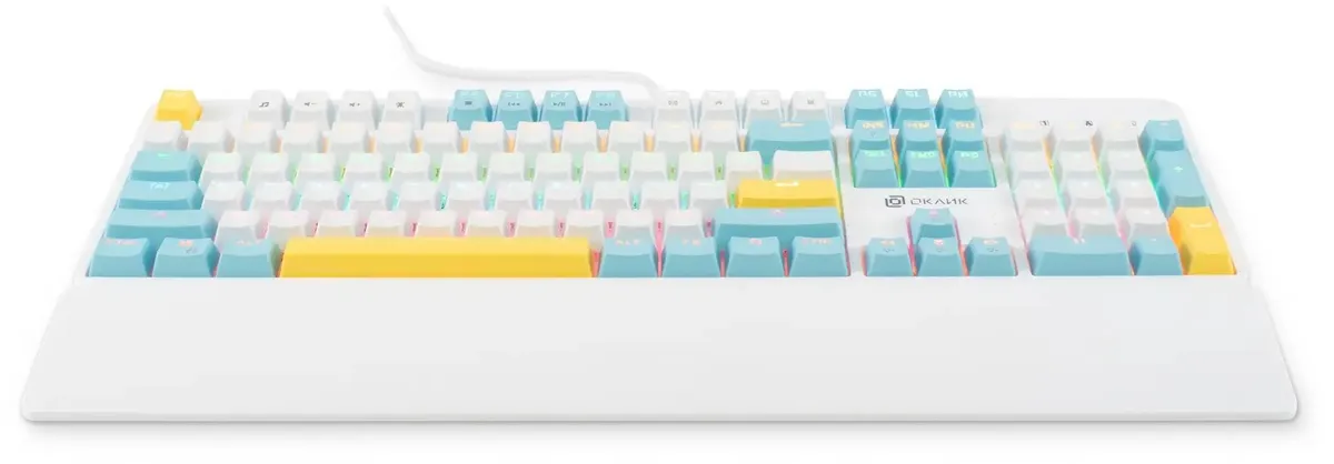 Клавиатура игровая Oklick K951X (1901079); USB; механическая; 108 клавиш; 12 (+FN); подсветка LED; ENG\RUS; белый + синий + желтый