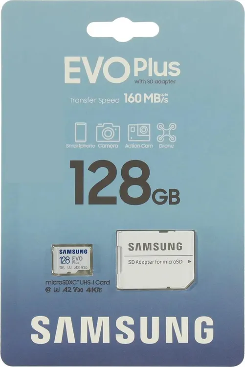 Карта памяти 128 ГБ Samsung EVO Plus 128 ГБ (MB-MC128SA***); micro SDXC UHS-I U3; Class 10; адаптер SD