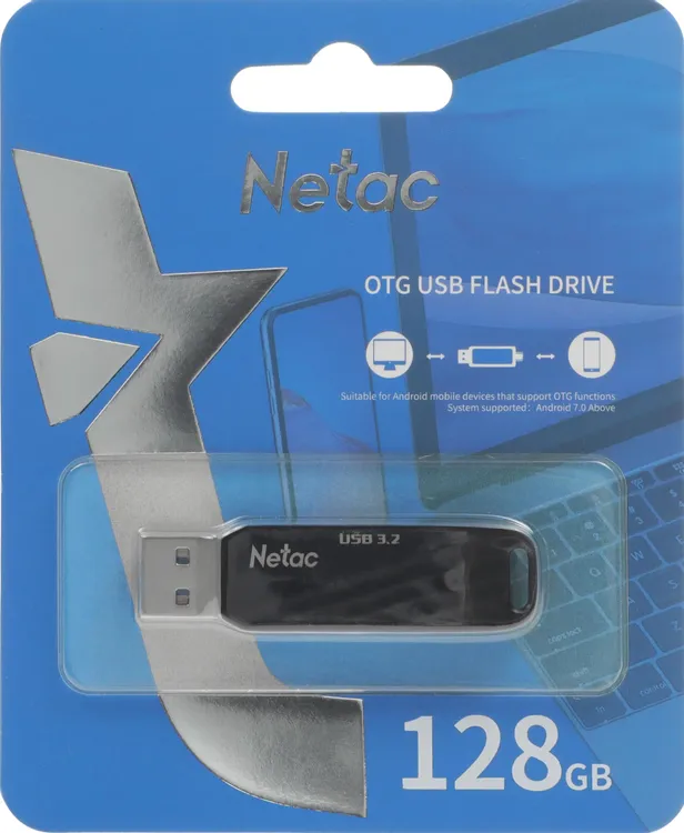 Накопитель USB-флэш 128 ГБ Netac US18 (NT03US18C-128G-32BK); USB 3.2; ротатор; металлический корпус; OTG Type-C
