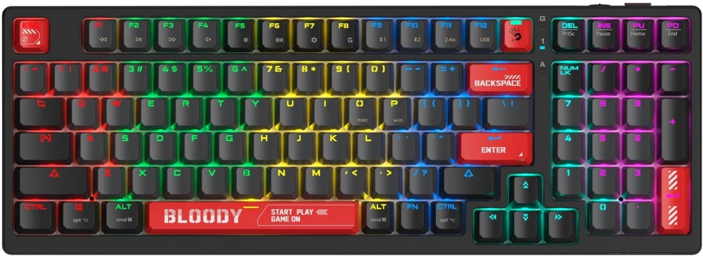 Клавиатура игровая A4Tech Bloody WS98 Black/Red (Sports Red); USB + (BT/2.4 Ггц); механическая; 98 клавиш; 12 (+FN) подсветка RGB; ENG\RUS