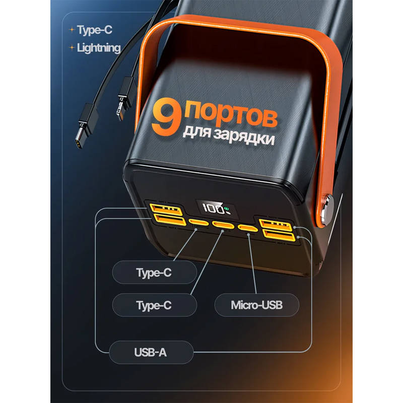 Внешний аккумулятор 80 000 мА/ч; Орбита OT-SMP01C (OT-SMP01C); 3А; 22.5 Вт; LED экран; нет беспроводной зарядки; Встроенный кабель Type-C; 1,93 кг; че