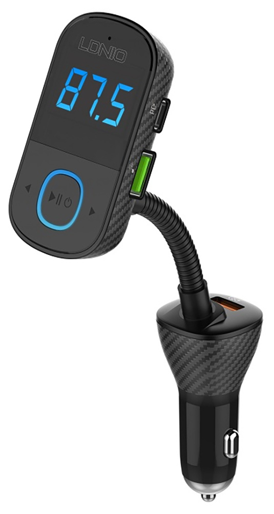 Автомобильная зарядка LDNIO C705QT; 2 USB порта - 3.1A; 20 Вт; FM-трансмиттер + кабель Type-C; черный