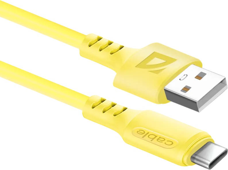 Кабель USB 2.0 AM/Type-C Defender F207 TypeC Yellow (87106YEL); силиконовая оплетка; 2.4A; 1,0 м; желтый