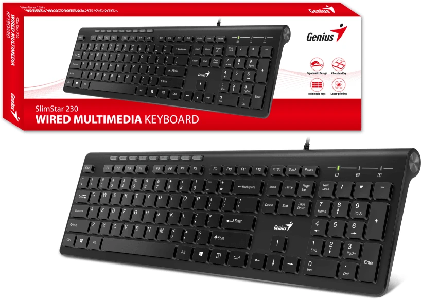 Клавиатура проводная Genius SlimStar 230II Black (31310048402); USB; мембранная; 113 клавиш; 12 (+FN); ENG\RUS; черный