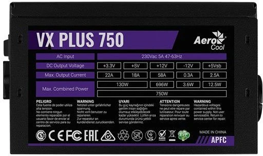 Блок питания 750 Вт AeroCool VX PLUS 750 (VX-750 PLUS***); 24+4+4 pin; 4xSATA; 3xIDE; 1xFloppy; 2x6+2-pin PCI-E; 120 мм; RET