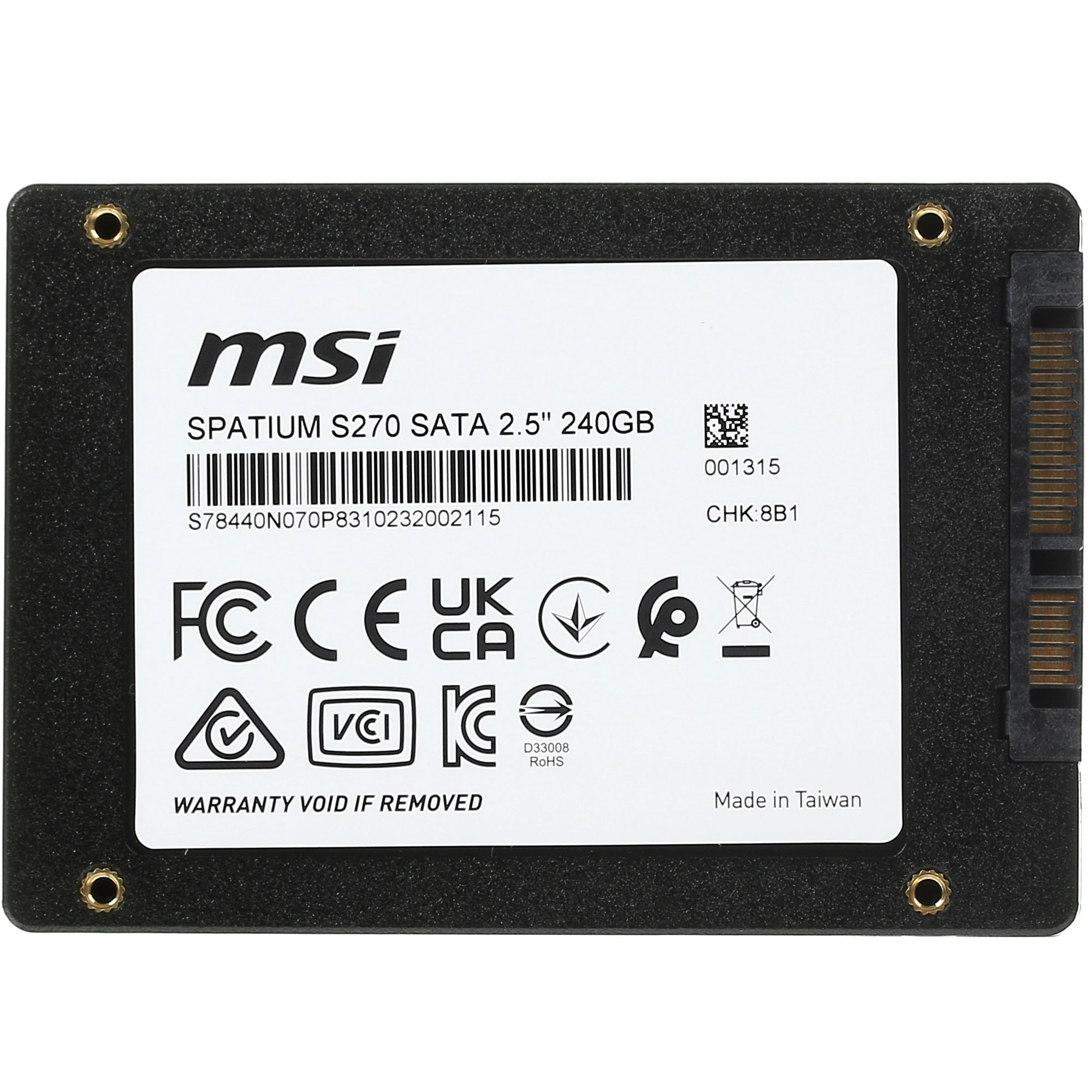 Накопитель SSD 240 ГБ MSI SPATIUM S270 (S78-440N070-P83); 2,5"; 500Мб/с -  400Mб/с; 3D NAND (TLC); SATA; RET