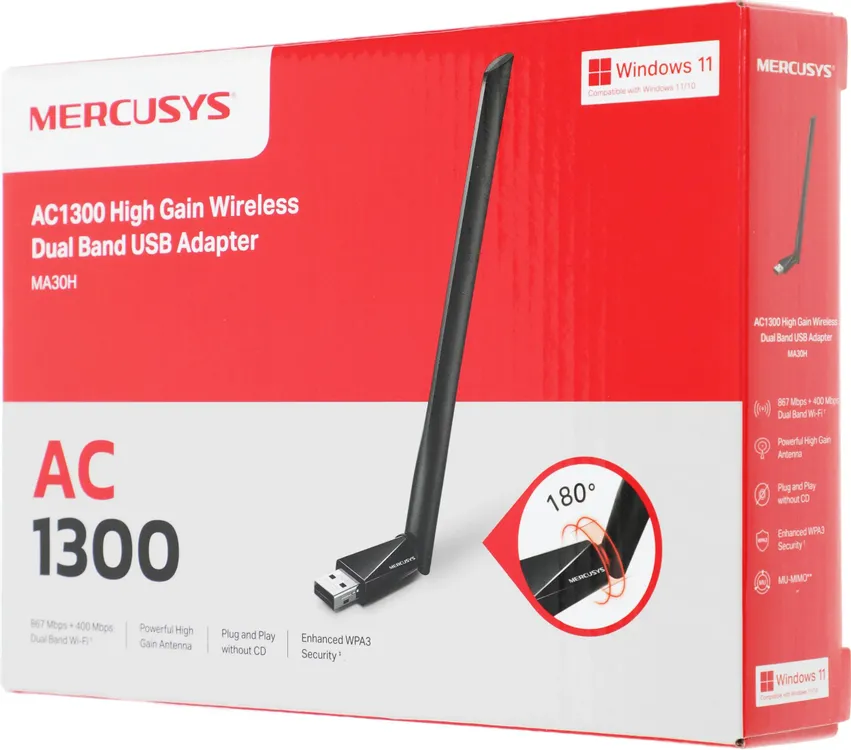 Сетевая карта WiFi Mercusys MA30H (AC1300); 1300 Мбит/с (400 Мбит/с+ 867 Мбит/с); 1 x 5 dBi; USB