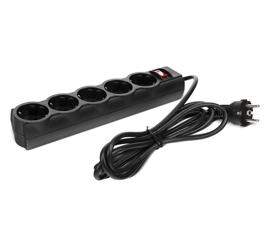 Сетевой фильтр CBR CSF 2505-3.0 Black PC; 3,0 м; 5 евро-розеток; 10 А; 2200 Вт; 90 Дж; черный