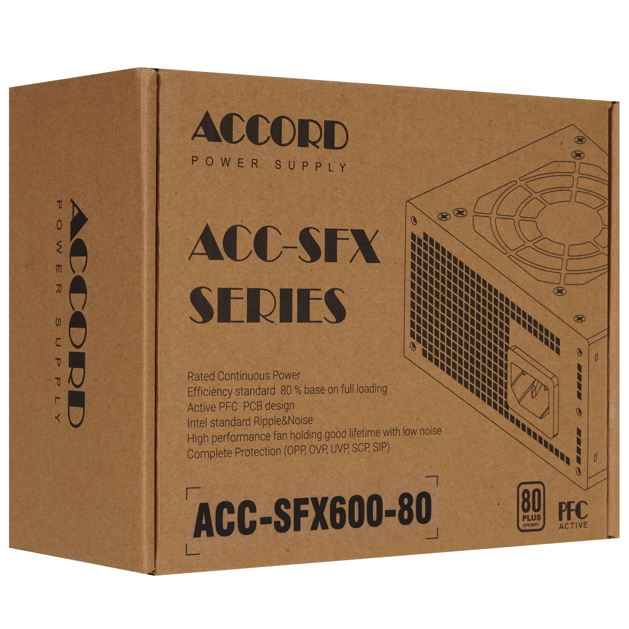 Блок питания 600 Вт Accord ACC-SFX600-80 (ACC-SFX600-80), черный, SFX, 1x24 pin, 1x4+4 pin, 1x6+2-pin, 3xSATA, 2xMolex