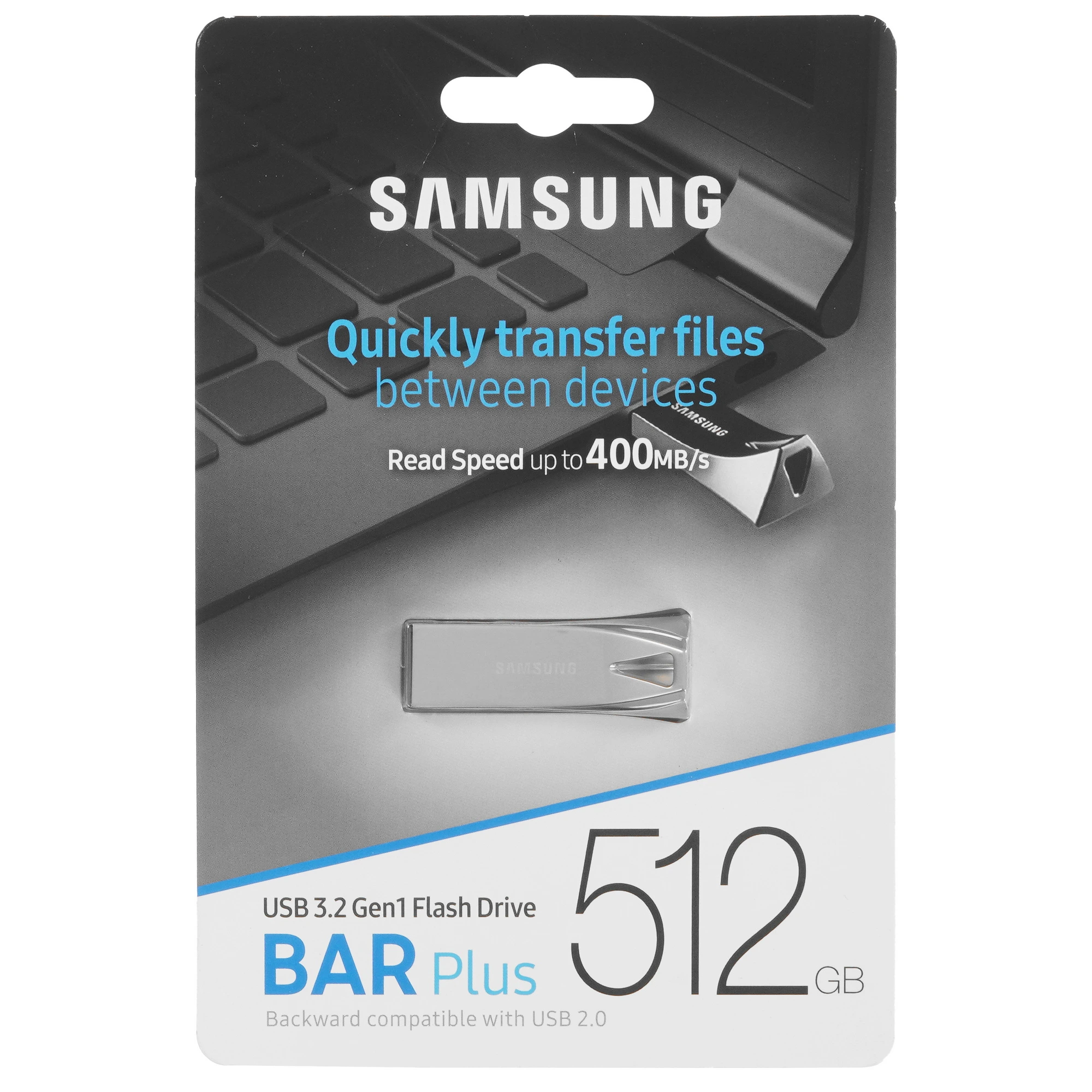 Накопитель USB-флэш 512 ГБ Samsung BAR Plus (MUF-512BE3); USB 3.1; моноблок; металлический корпус; up to 400Mb/s; серебристый