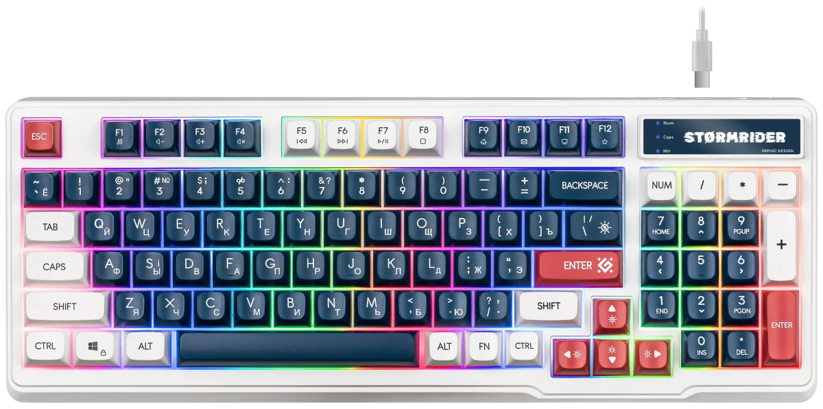 Клавиатура игровая Defender Stormrider GK-425 (45425); USB; мембранная; 94 клавиш; 12 (+FN); LED подсветка; ENG\RUS; отсоединяемый кабель; белый + син