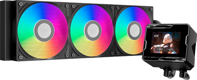 Система жидкостного охлаждения 360 мм PCCooler GT360M ARGB Display Black; активная; 3 вентилятора; 500-2200 об/мин; 33.7 дБ; 75.8 CFM