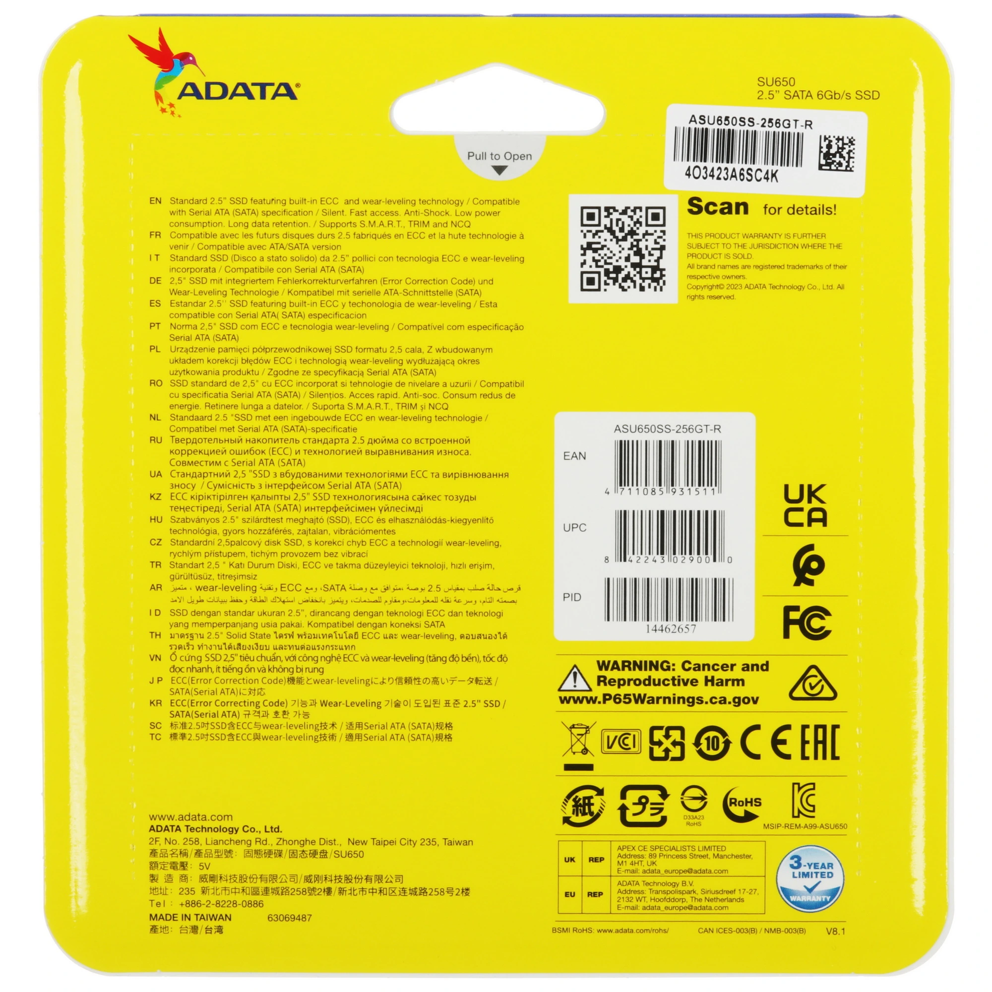 Накопитель SSD 256 ГБ A-Data SU650 (ASU650SS-256GT-R***); 2,5"; 520Мб/с -  450Mб/с; 3D TLC; SATA III