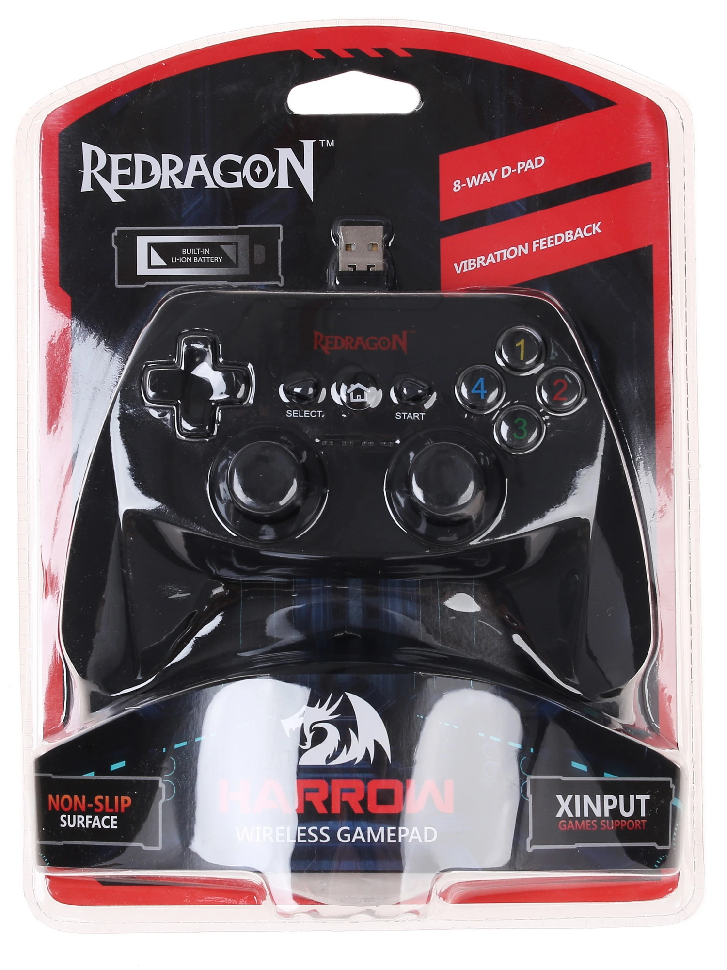 Геймпад беспроводной Redragon Harrow (64230); PS3, PC; 14 кнопок; 2 мини-джойстика; виброотдача; USB; чёрный